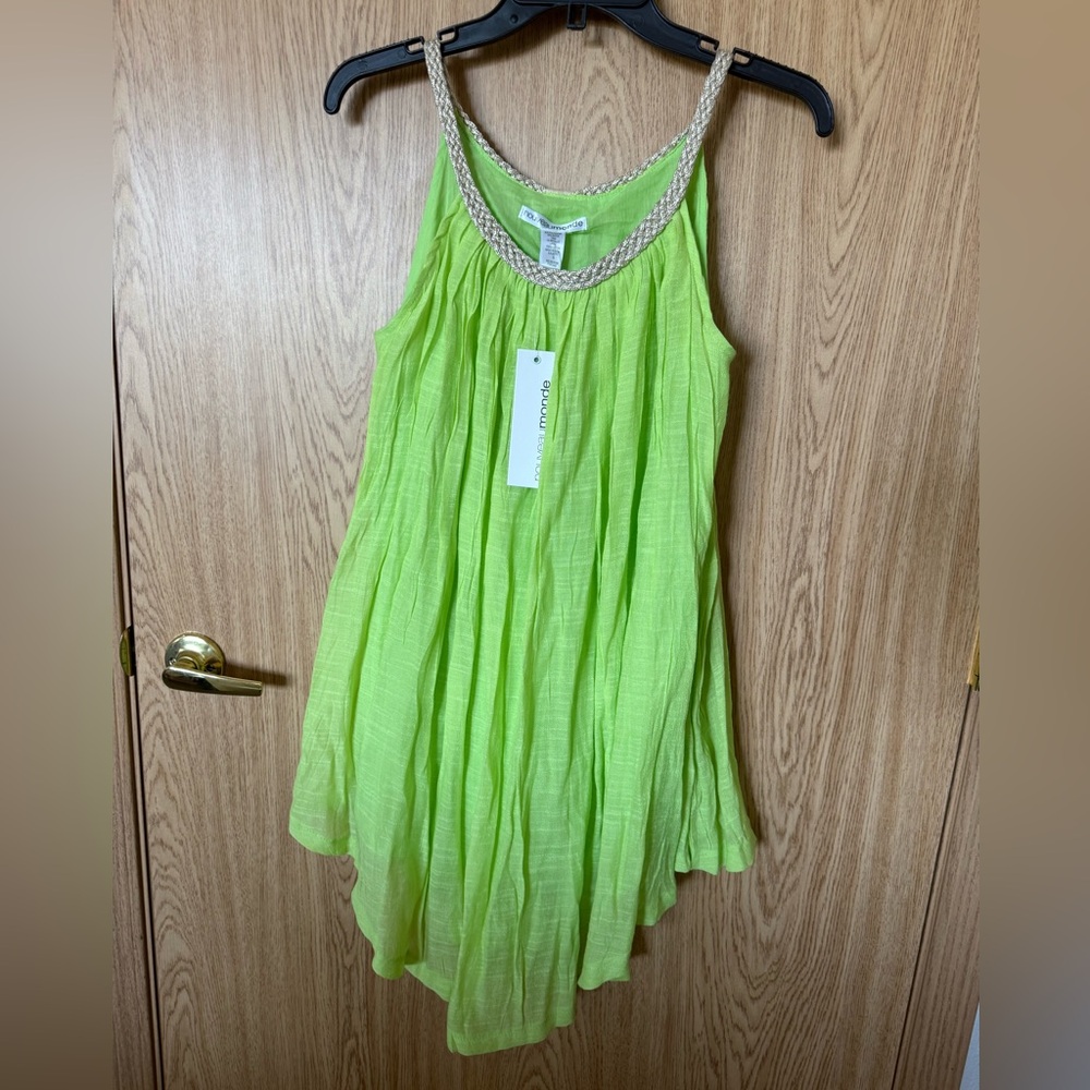 New NouveauMonde Lime Green Cotton Gold Braided Trim Loose Beach/Summer Dress